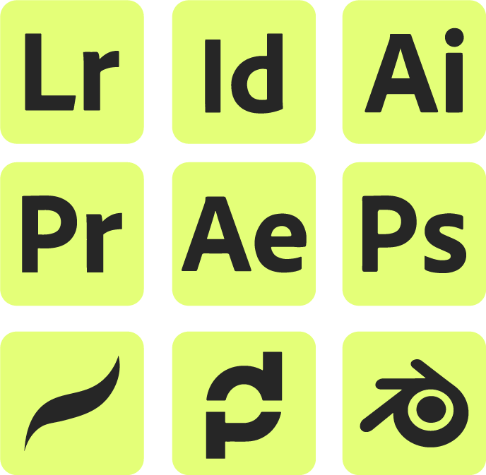 Outils utilisés : Lightroom, InDesign, Illustrator, Premiere Pro, After Effects, Photoshop, Procreate, Figma, Blender